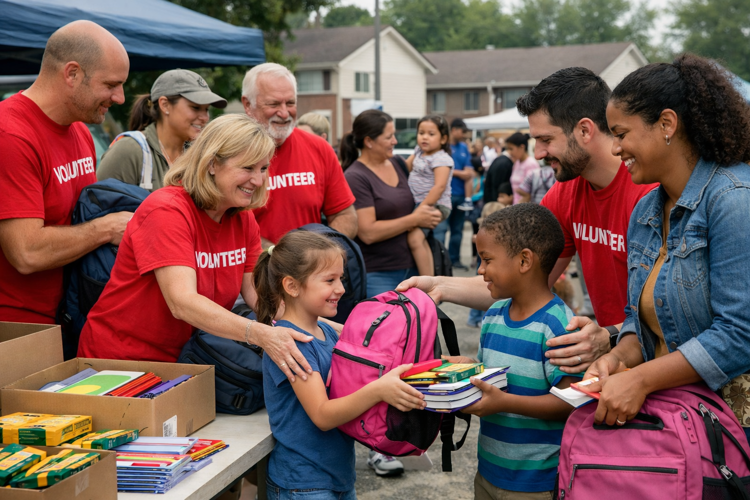 Children receiving school supplies